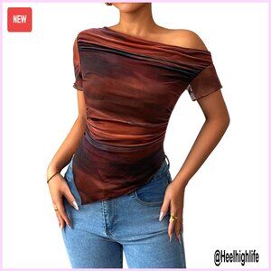 Off Shoulder Mesh Tie Dye Shirt Ruched Asymmetrical Summer Top